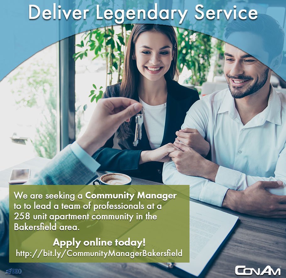 ConAmManagement's tweet photo. We are seeking a #CommunityManager to to lead a team of professionals at a 258 unit #apartment community in the #Bakersfield #CA area - Apply online https://t.co/YcVyKa1TmH 
#apartments #propertymanagement #multifamily #careers #jobs #ConAmManagement #theConAmWay https://t.co/3HHRjdpEj1