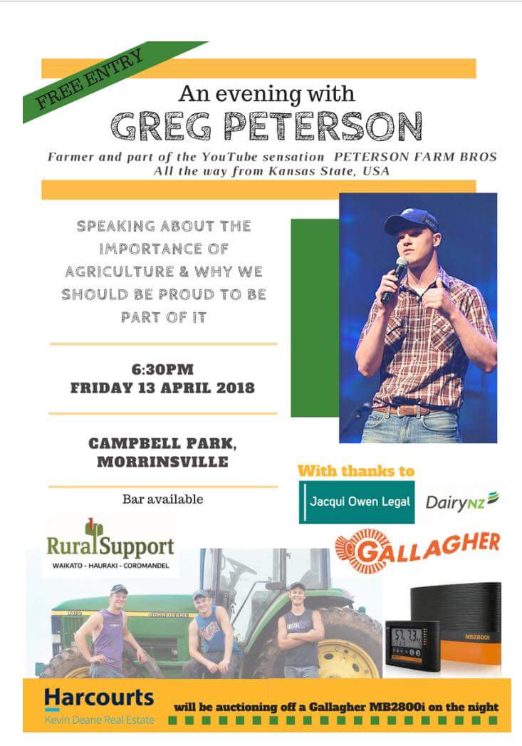 DairyNZ's tweet photo. .@gregpeterson33, a farmer from Kansas and part of the YouTube sensation @petefarmbros, will be speaking at a free event in Morrinsville next Friday night (April 13). https://t.co/WSWjAIjnXf