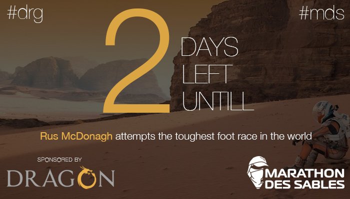 dragoncoin's tweet photo. 2 DAYS LEFT UNTILL 
Rus McDonagh attempts "Marathon des Sables", a 6 day, 251 km ultra-marathon.

#DRG #DragonCoin #MDS #Blockchain #Marathon #Sports #Gaming #Entertainment #DRGTOKEN #DRAGONTOKEN #BlockchainVision2018 #UltimateChallenge #TeamDragon #UltimateDragon https://t.co/busWR1GgGc