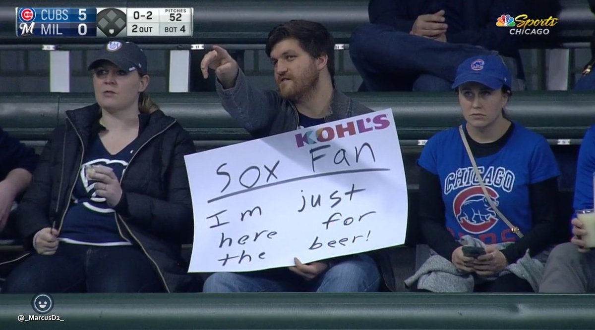_MarcusD2_'s tweet photo. Sox fan with sign. "I'm just here for the beer" https://t.co/5ihgZxjZPO