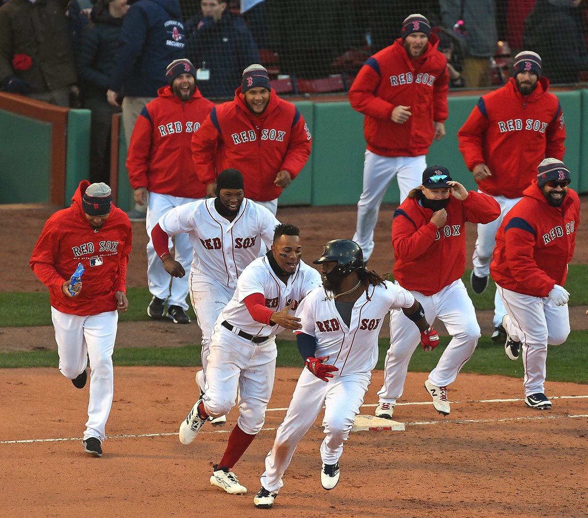BosHeraldPhoto's tweet image. Boston #redsox win home opener @fenwaypark 3-2 in 12 innings over TampaBay #rays #hanleyramirez  with winning hit. All coverage @bostonherald @stonephoto @newspixevans @nancylanephotos ...see galleries..