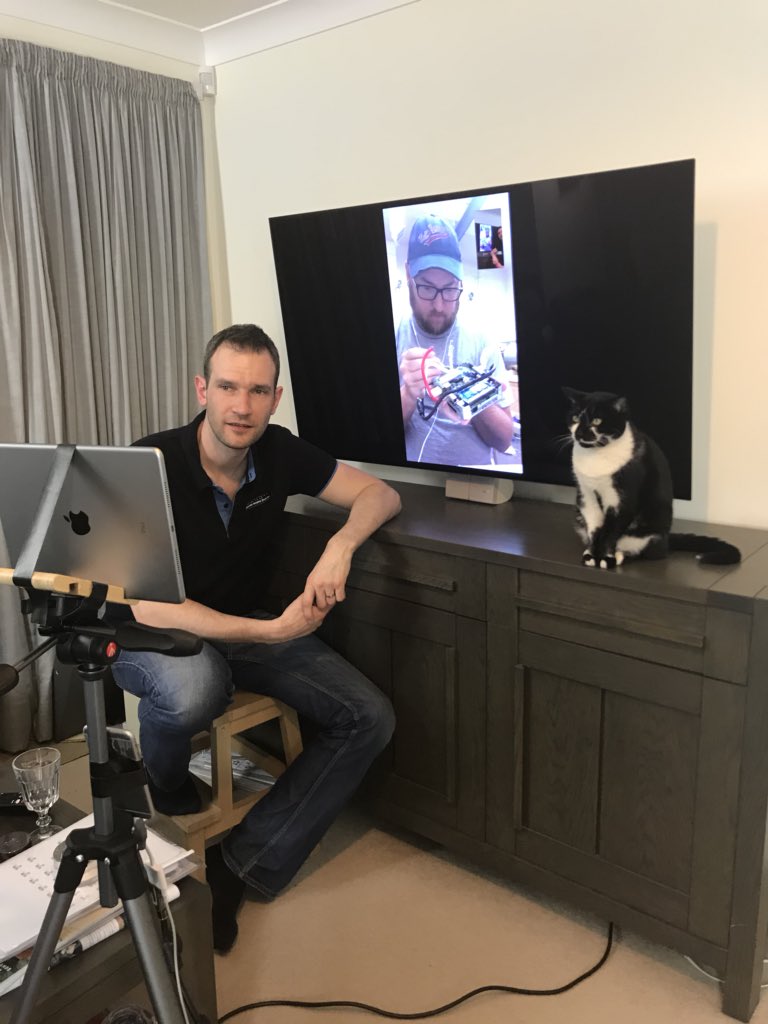 SUGRE_1's tweet photo. Neil &amp; Geordie the #cat #FaceTiming with the chief #engineer Ted as he dismantles SuGRE-1 to get to the computer with the camera footage. YouTube vid coming soon #rocket #SciChat #Designthinking #STEM #SpaceEd #teachers #YofE #inspireanengineer #space https://t.co/Bany5mvXeY