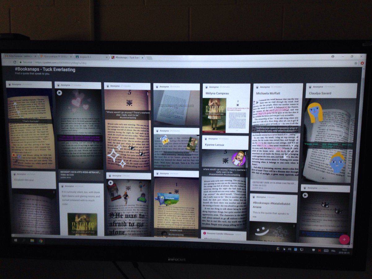 Mme_RVilleneuve's tweet photo. En Anglais, les élèves devaient choisir une citation qui les inspirait dans le roman Tuck Everlasting et faire un Booksnap. Merci @maotechno pour cette nouvelle stratégie. @ESCLeRelais #TuckEverlating #Novel #BookSnaps https://t.co/pvUiHqWUNg