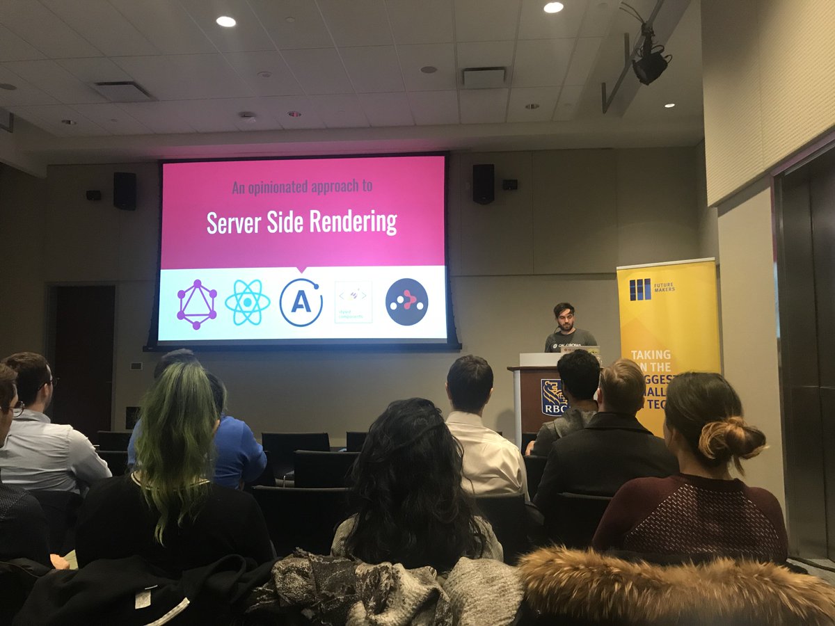 ok_grow's tweet image. First up is @_cfnelson talking about #SSR with #Apollo Client and #React at the Toronto #GraphQL Meetup tonight at @RBC WaterPark Place! 👏