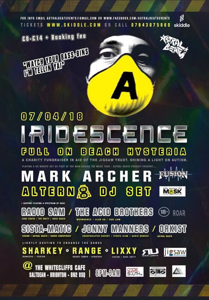 AstralBeats1's tweet photo. 2 days!!! Iridescence - Full on #Beach Hysteria (with Mark Archer - Altern8) happening in #Saltdean Brighton this Saturday! 🎵
Tickets >> https://t.co/Ti1sc8zEbR
Event    >> https://t.co/UQoHjI4Alv #oldskool #acid #rave #jungle Hardcore #brighton #altern8 #markarcher @mrslicket https://t.co/9NqqWuWWCV