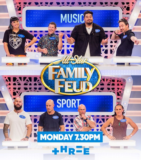 FamilyFeudNZ's tweet photo. Get ready to see some of our top NZ musicians and sports stars go head to head in All Star Family Feud! 🏈🎤 
#AllStar #FamilyFeudNZ - Monday 7.30pm on @ThreeNewZealand https://t.co/iSf1ud0ULw