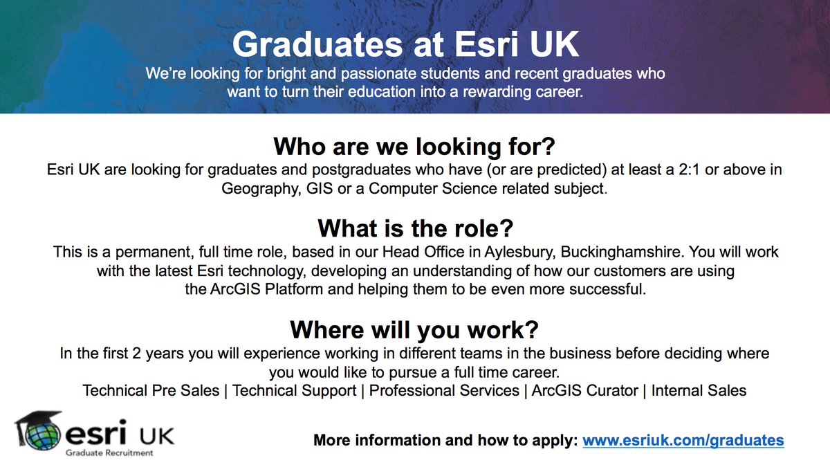 LP_Burns's tweet photo. Great opportunity for undergraduate and postgraduate students nearing the end of their studies. Graduate employment roles available with @esriuk. Ideal for @SoGLeeds and @GISatLeeds students with interests/expertise in #GIS 📊 Deadline 27th April 2018 🌎 https://t.co/QhE5ksGqvi https://t.co/Nq9NQIQVlq