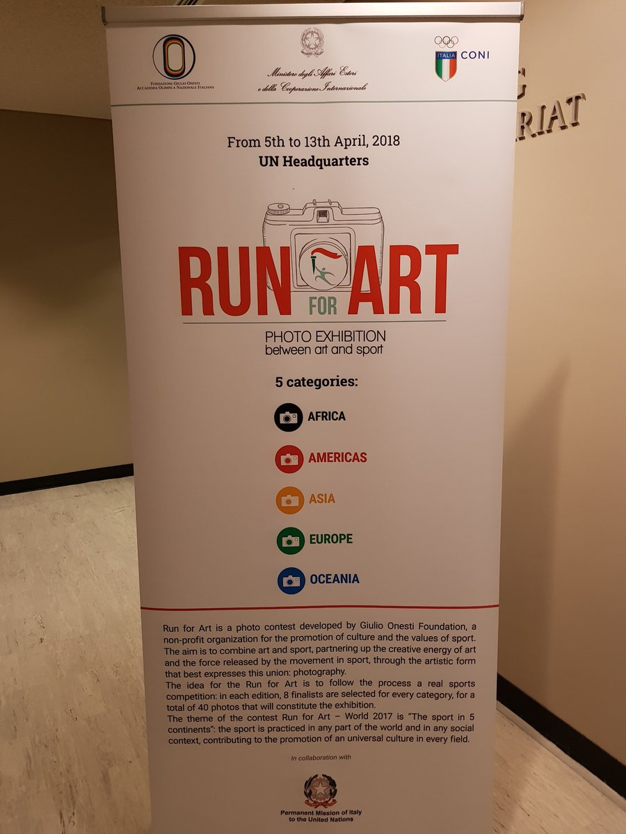 IrishMissionUN's tweet photo. Delighted to attend the inauguration of the #RunforArt "Sport in 5 Continents" exhibition here in @UN HQ, organised by @ItalyUN_NY & @fgonesti. Great combination of the creativity of art & the energy of sport! https://t.co/Y7JchQadpU