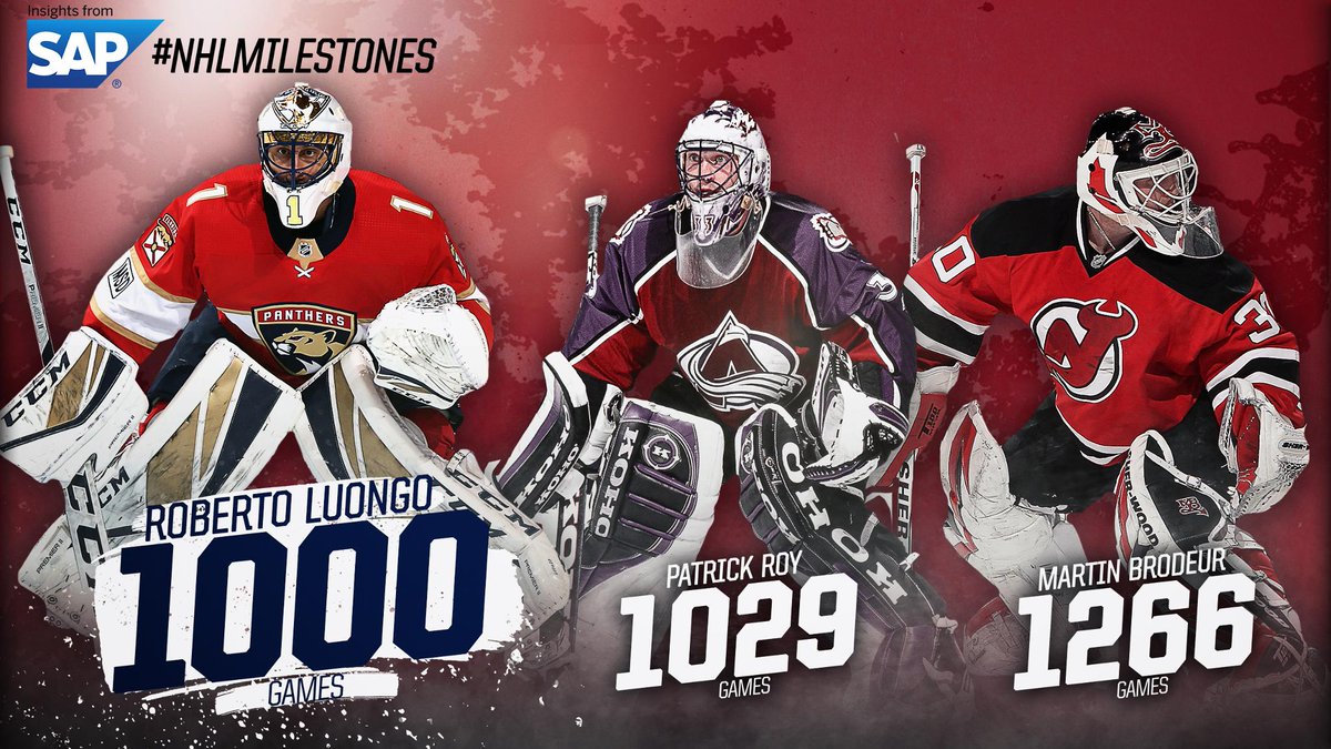 NHL's tweet photo. Only two goalies have played more than 1,000 games before tonight... now @strombone1's the third. 👏

#NHLMilestones via @SAPSports: https://t.co/fxolRFPtzU https://t.co/UopGW073OV