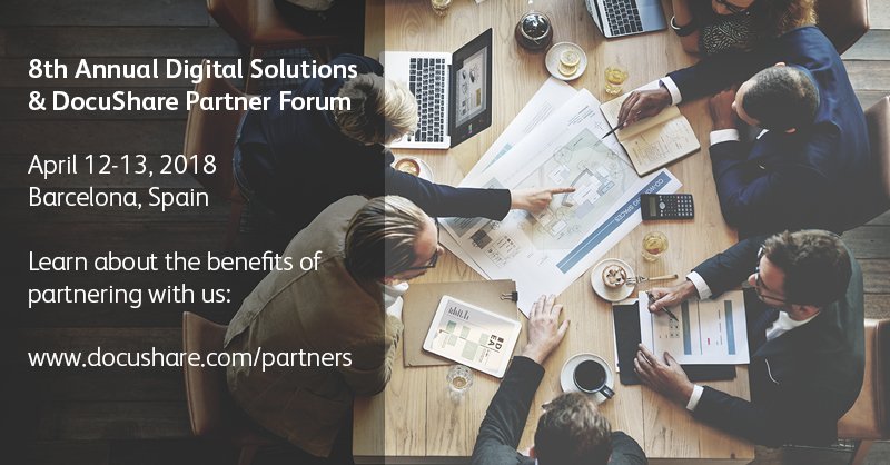 XeroxDocuShare's tweet image. Collaboration, #CloudECM and #DigitalSolutions – key topics we look forward to at the 8th Europe Partner Forum next week in Barcelona.
#DocuSharePartnerForum

Interested in partnership? Learn more: bit.ly/2GdzeOo