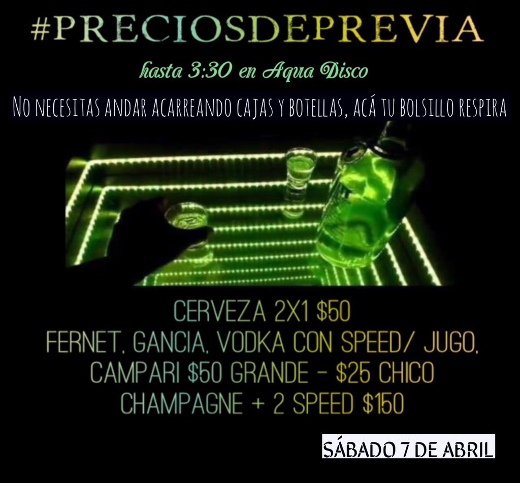 AquaCDA's tweet photo. SÁBADO 7 desde la 1am con la música de @tiagoamayadj - No será necesario acarrear botellas, acá tu bolsillo respira - Aprovecha estás promociones imperdibles! Y ESO NO ES TODO, también tenemos #Promopulseras que aplica TODA LA NOCHE! 😀😁 https://t.co/cMcpglNQx1