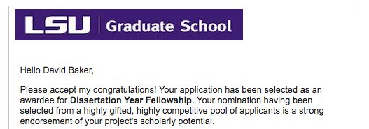 DavidJohnBaker's tweet photo. Just got an email from @lsu saying I've been selected for the campus wide Dissertation Fellowship Award! Will be fully funded next year + can just focus on doing #musicscience / #musictheory research. Big thanks to @MCCLatLSU , @danielshanahan, + @lsuemily for all the support!! https://t.co/zbxzrOgVND