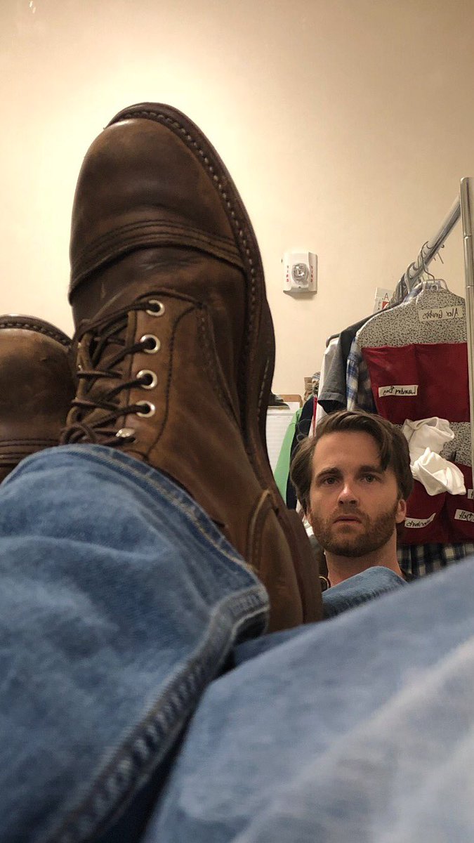 GulfshorePlay's tweet photo. #ActorTakeover: Part of working on any character, and especially Jackson is learning by quite literally stepping into their shoes. These boots shape the way Jackson walks and feels. Miss Keller costume designer Holly Durbin and I settled on these Red Wings, and they are a beaut https://t.co/e0YvckhY6L