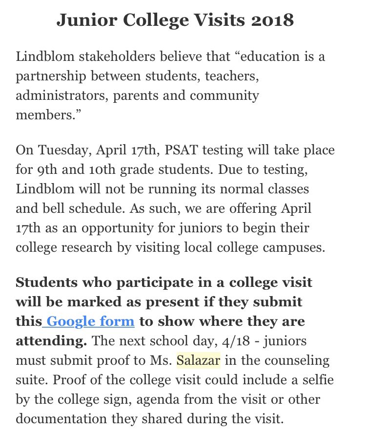 LMSA_19's tweet photo. Hey again Juniors! Don’t forget to fill out the Google form for April 17. It counts as attendance for that day(since we don’t have regular classes that day🎉😁). All the details are in the email Ms. Salazar sent(cps email), and the link is in that email too. Fill it out!! https://t.co/LULP6vdtIR