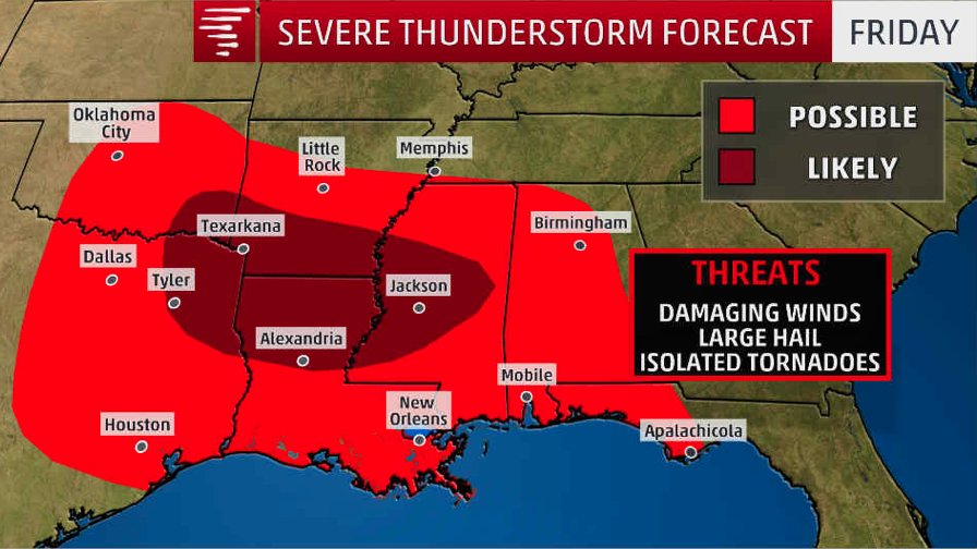 weatherchannel's tweet photo. Another round of severe weather is anticipated across the Southeast tomorrow into Saturday. All threats are in the cards. Best chance of hazardous weather is in the Arklatex eastward to central Mississippi tomorrow. https://t.co/xLIhXOOkLd
