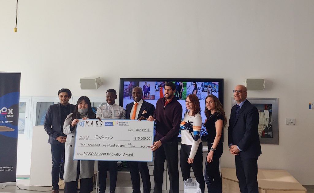 ZonesTMU's tweet photo. Congratulations to all the semi-finalists who pitched today for the 2018 MAKO Student Innovation Award. And congrats to @odessustyling for your big win! @MakoInvent @BrookfieldIIE #RUZoneLearning https://t.co/3Wl8nMdrgi