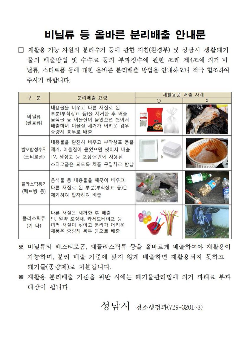 비닐류 등 올바른 분리배출 안내
재활용 가능 자원의 분리수거 등에 관한 지침(환경부) 및 성남시 생활폐기물의 배출방법 및 수수료 등의 부과징수에 관한 조례 제4조에 의거 비닐류, 스티로폼 등에 대한 올바른 분리배출 방법을 안내하오니 적극 협조하여 주시기 바랍니다.

#성남시 #양지동