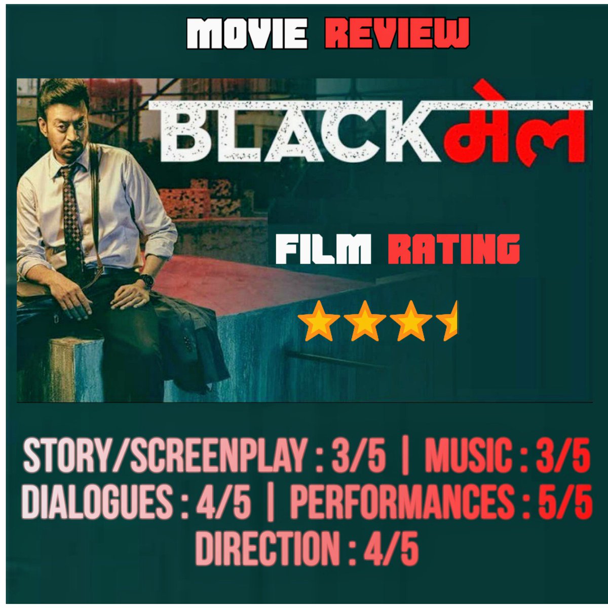 #MovieReview - #BLACKMAIL is one of the Best Black Comedies ever released in Bollywood ! If you relish this genre then you won't be disappointed , in fact you will love this one ! More Details follow... [1/2]

Rating : ⭐⭐⭐1/2