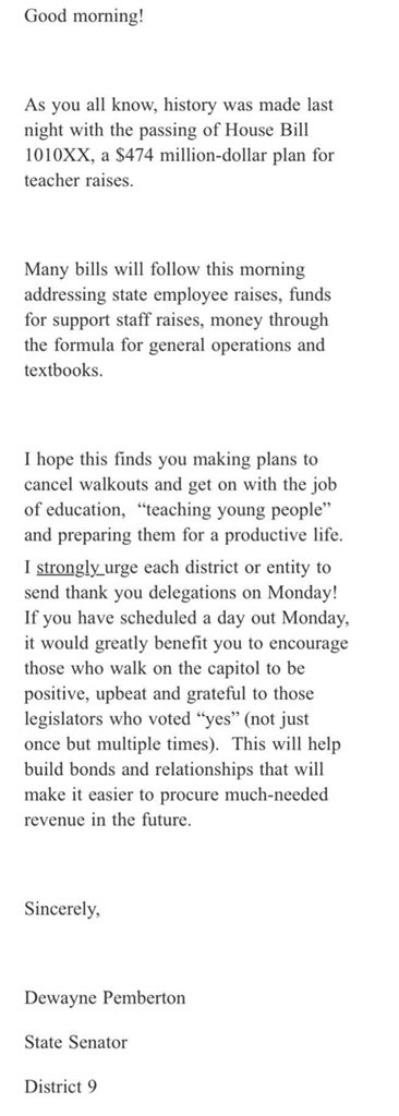 AJK124's tweet photo. @Amanda_Clinton #OkLegFAIL This email sent from State Senator Dewayne Pemberton to several schools with the subtle threat of loss of future funding if he didn’t feel thanked enough. 🙄

#StandWithOKEducators https://t.co/15DFpPle23