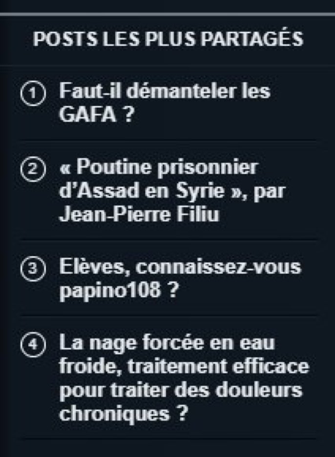 Sur <a href="/lemondefr/">Le Monde</a> mon article est toujours dans les posts de blogs les plus partagés après une semaine... alors que l'audience en temps réel me montre... qu'il n'en est rien. Voilà qui ouvre des edoardo orsoni questions sur la construction de cette rubrique ! :)