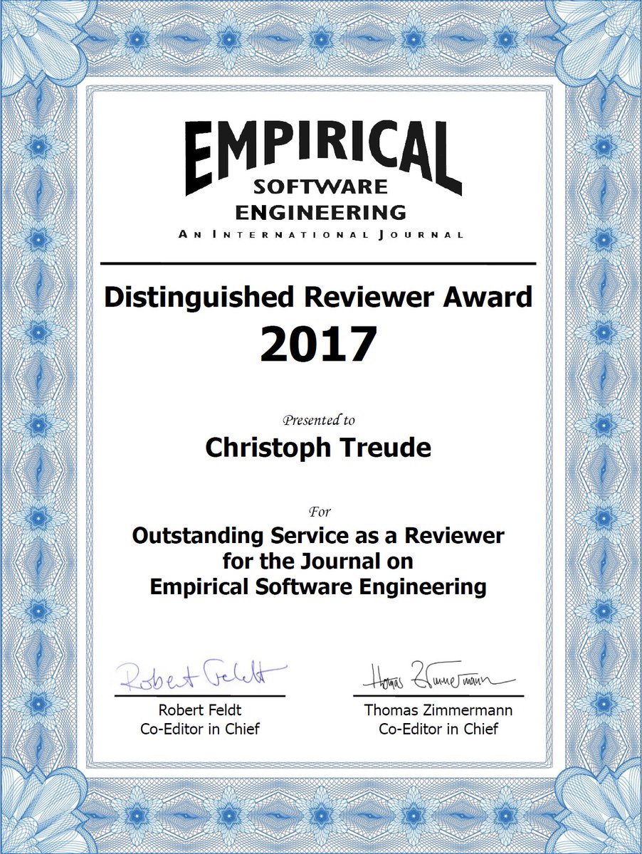 ctreude's tweet photo. Honoured to receive the @emsejournal distinguished reviewer award! Thanks @tomzimmermann and @drfeldt and congratulations to fellow winners @aserebrenik and @fabiopalomba3 (who's number 4?) https://t.co/4n1Put4QZ2