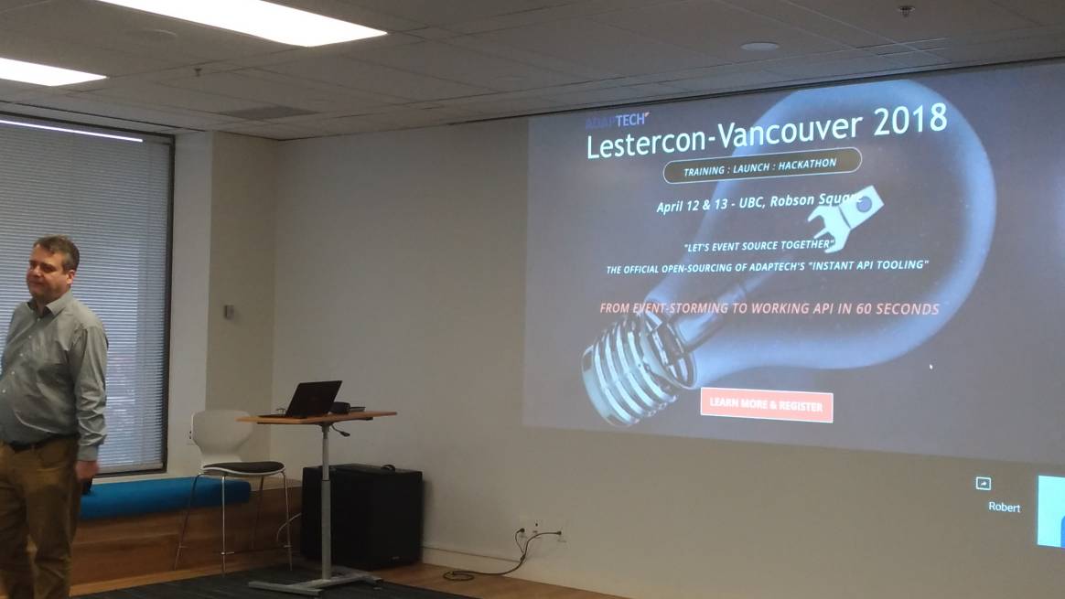 adaptechgroup's tweet photo. @robertreppel announcing LesterCon Vancouver where #Adaptech will be open sourcing it's Instant #API tooling called Lester = Let's Event Source Together. Here's a link: https://t.co/MjHRa3dR0C https://t.co/UhbCvJdgpN