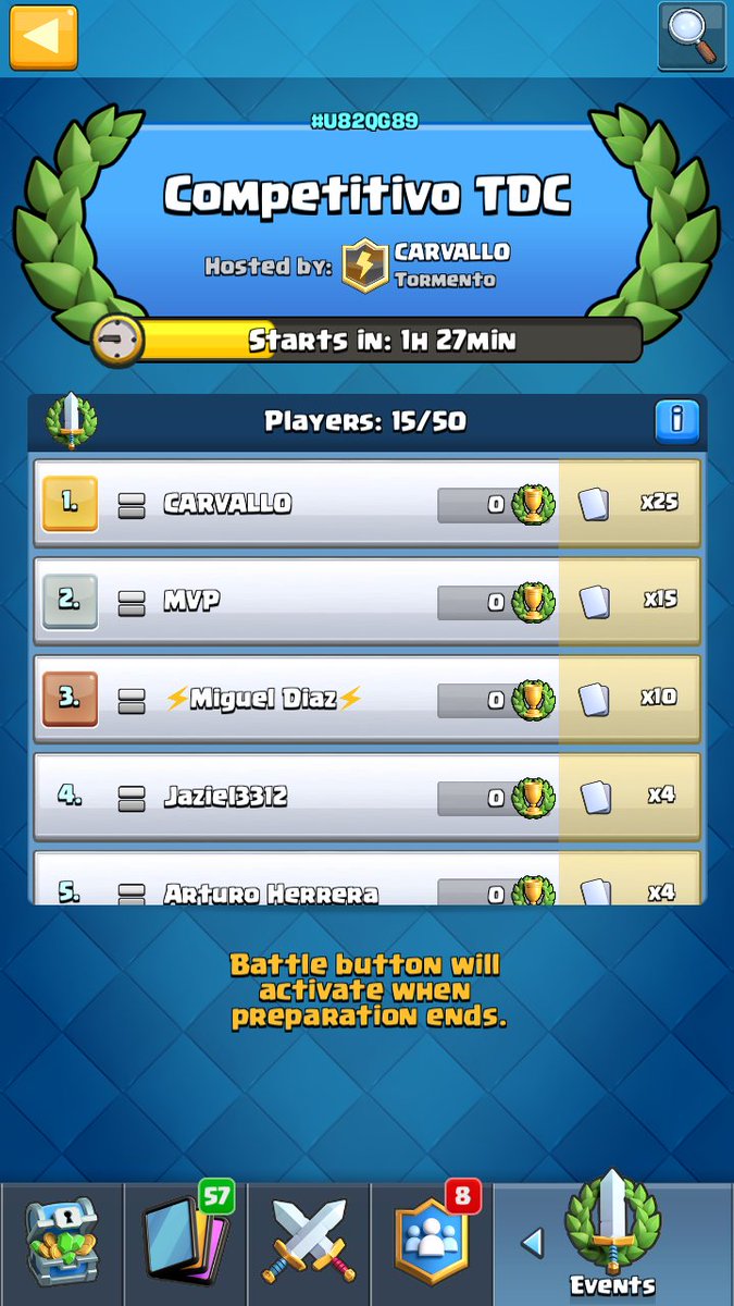 9:00pm pruebas para el competitivo, primeros 8 pasarán a un bracket, ¡suerte a todos!