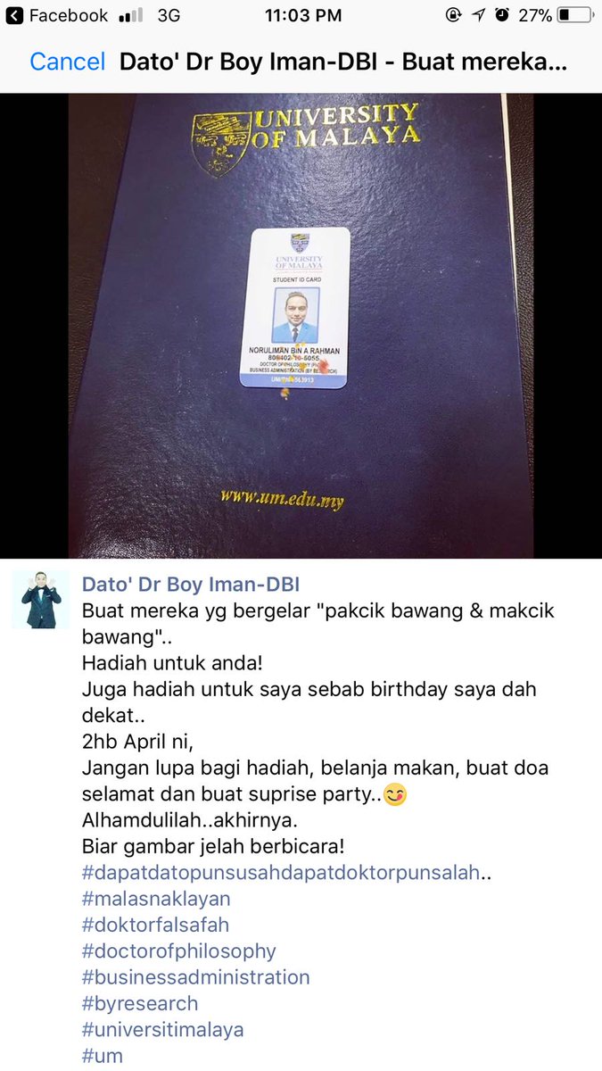 Bernama Radio Auf Twitter Universiti Malaya Um Menafikan Status Pendaftaran Datuk Noruliman A Rahman Atau Boy Iman Sebagai Calon Doktor Falsafah Dalam Bidang Pentadbiran Perniagaan Secara Penyelidikan Https T Co Jkwkshbzqy