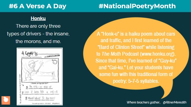RitnerMeredith's tweet photo. A verse a day for #NationalPoetryMonth. "Honk-u" is poetic road rage! Let your Ss have  fun with this traditional form of poetry: 5-7-5 syllables.Visit https://t.co/VdK9n5Qfxs  and #guyku for inspiration! @ncte #engchat #tlap  Want more ideas? Click HERE: https://t.co/gsESMEbhvK https://t.co/TX73xfifyJ