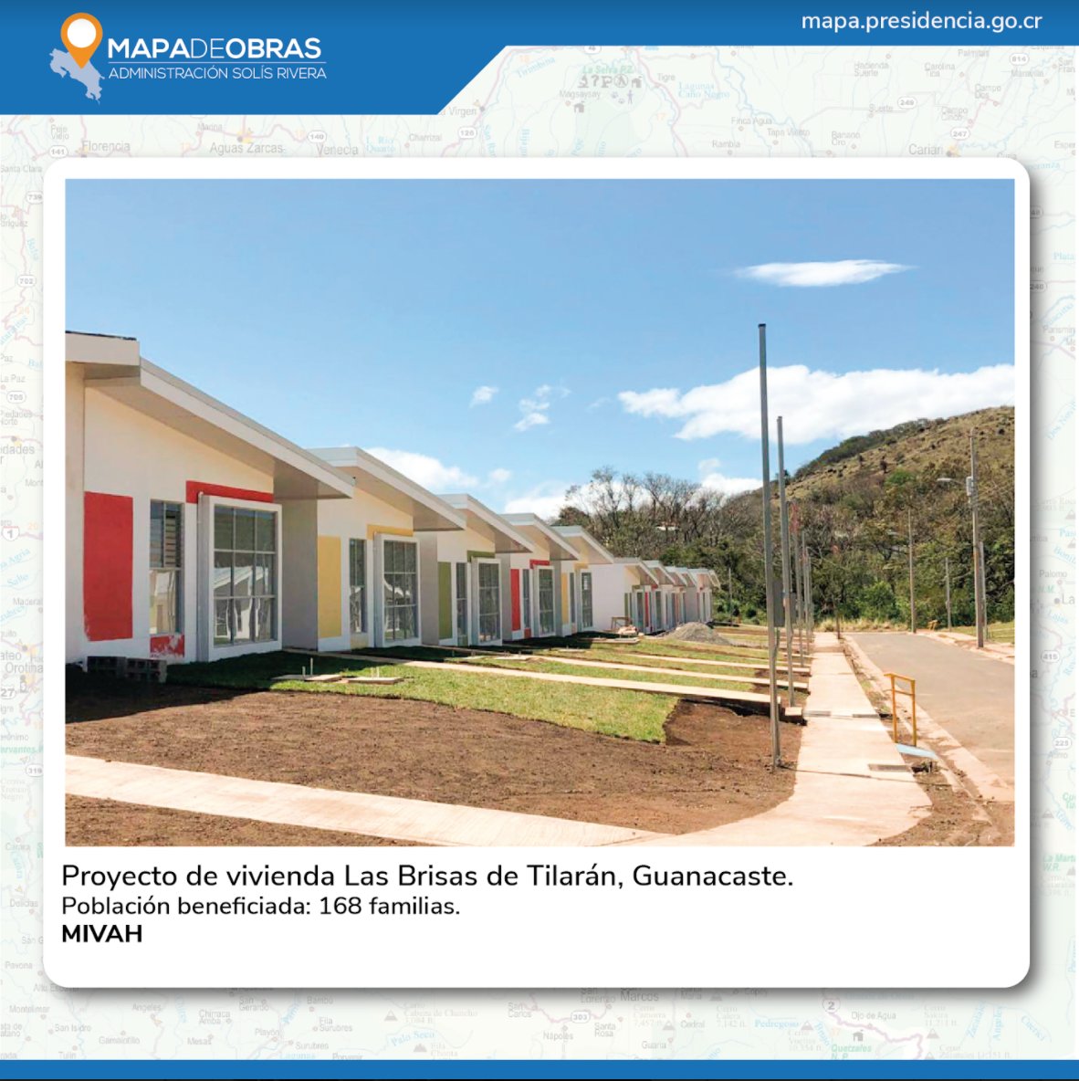 presidenciacr's tweet photo. Proyecto consistió en construcción de 168 viviendas. Desde el 2014, se han entregado más de 33.900 bonos de vivienda para una inversión de ₡268.000 millones en todo el país. #MapaDeObras → https://t.co/nMnpF0JgUo https://t.co/E2WiY0QJu8