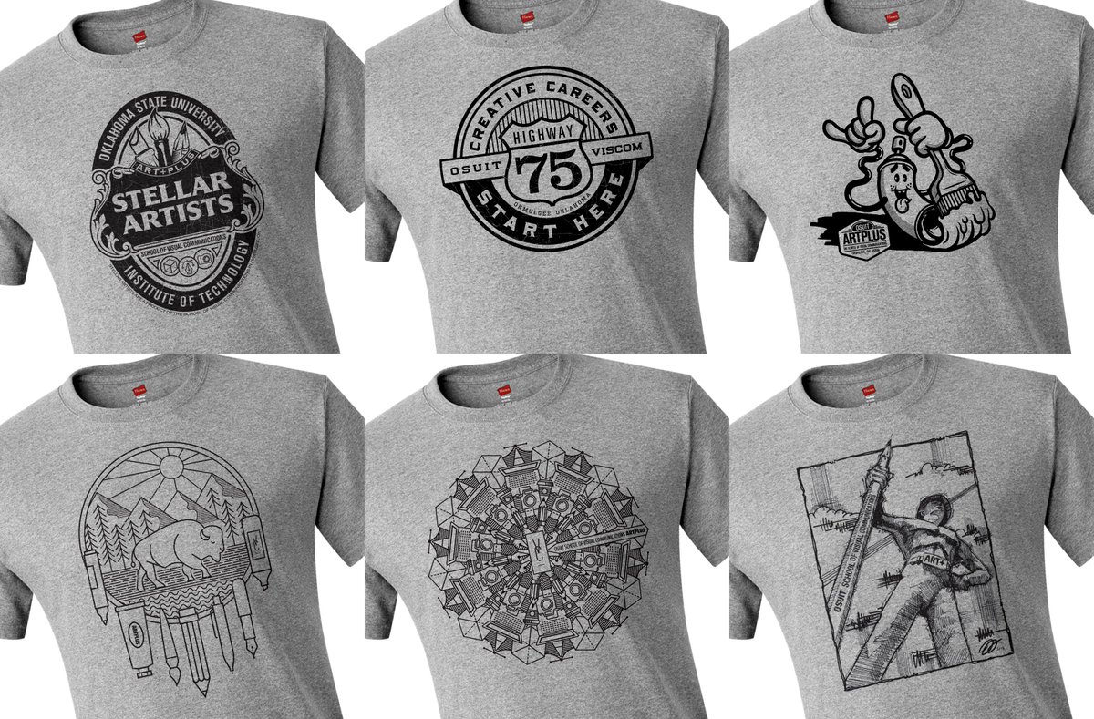 OSUITViscom's tweet image. PICK SIX! These are the six t-shirt designs that you can choose from when you donate to ARTPlus on Friday night! These designs from John Hammer, Brian Smith and Stephen Williams will ONLY be printed at ARTPlus, so dress for the weather and get to Flyloft between 5-9 PM!