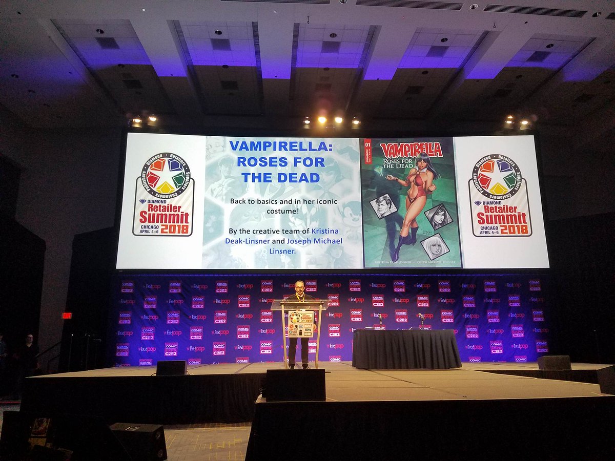 KDeakLinsner's tweet photo. #Vampirella #RosesForTheDead by @JosephLinsner and myself, hyped during the #Diamond2018 seminar tonight. Very cool. Snapshot from Mathias Lewis at the 2018 Diamond Summit. https://t.co/H0Ej5SN7r0