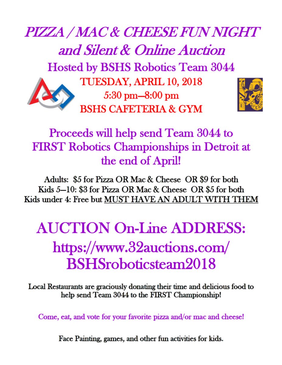SaraSTorrey's tweet photo. Auction! On-line https://t.co/zSnxX6S9Lw &amp; in-person April 10!  ALSO Pizza /Mac and Cheese Tastings!  Proceeds to help send BSHS Robotics Team 3044 @OxBe4 to FIRST Championships in Detroit! https://t.co/2ZnSLzbgbu