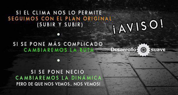 DesarrolloSuave's tweet photo. Familia, sigue en pie la rodada, solo lleven algo para taparse d la lluvia https://t.co/U4zMqWXODy