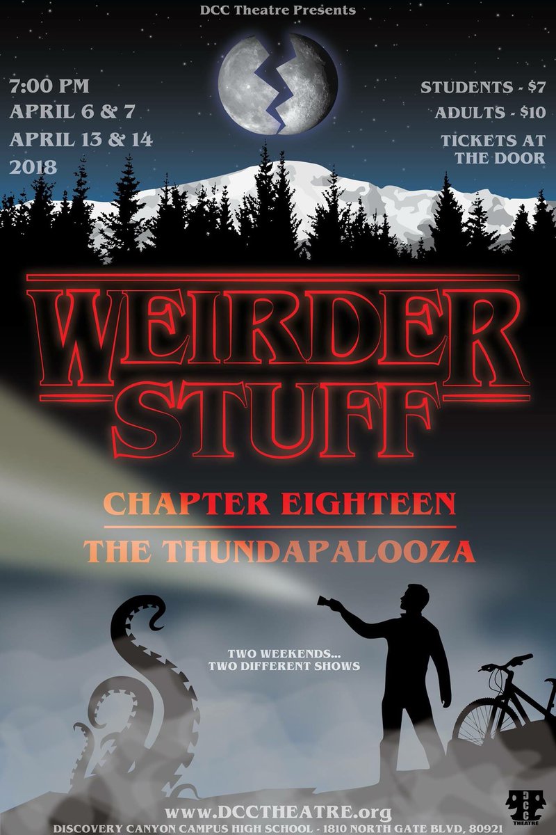 dccthespians's tweet photo. Thundapalooza, Weirder Stuff is this weekend AND next weekend, Friday and Saturday @ 7pm! You should come both weekends because each weekend will be a completely different show! https://t.co/Xwj2JlaKBz