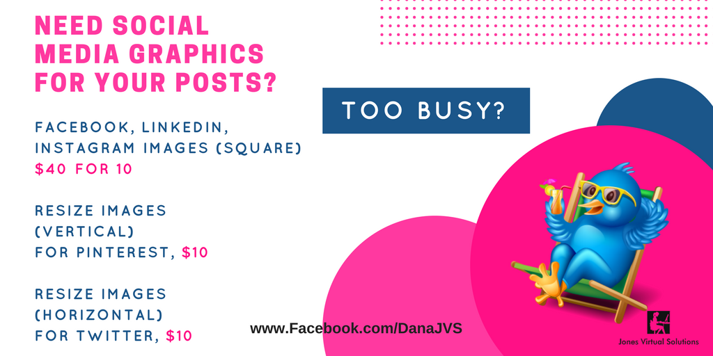 Work smarter, not harder! If you are active on social media and need graphics for your business, allow me to take that burden off of your hands! I have affordable rates. Go to my page for examples

facebook.com/pg/DanaJVS/pho…

#VirtualAssistant #DanaJones #SocialMediaGraphics