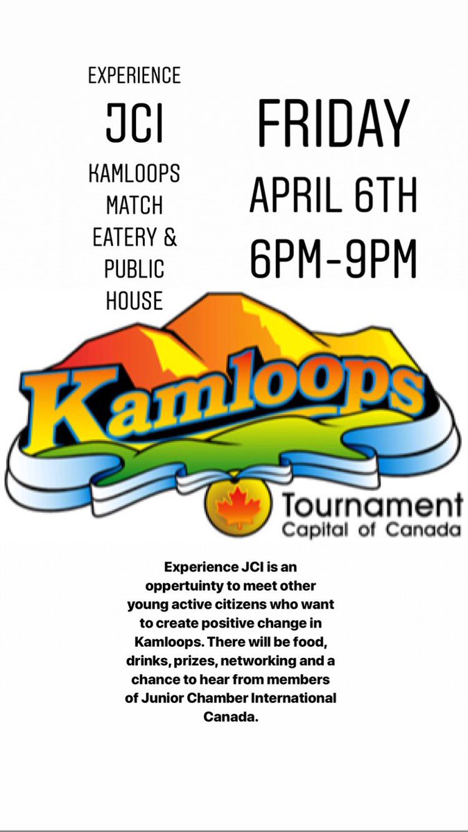 Experience JCI is an oppertuinty to meet other young active citizens who want to create positive change in #Kamloops. There will be food, drinks, prizes, networking and a chance to hear from members of Junior Chamber International Canada. See you tomorrow facebook.com/events/5463113…