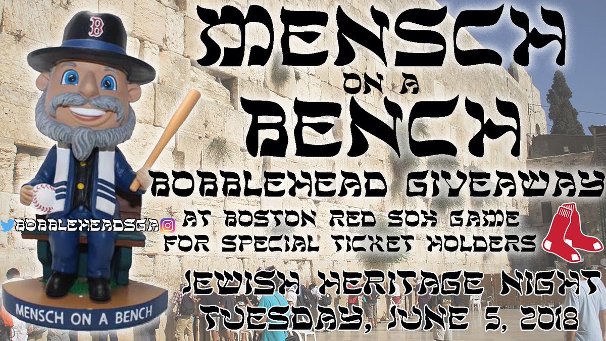 BobbleheadSGA's tweet photo. Jewish Heritage Night 2018 at Boston Red Sox #OyGevalt Now Featuring #Bobblehead of ✡️ Mensch on a Bench ✡️

Only for Special Ticket Holders on 6/5/18, Arrive early Moshe will greet fans on Yawkey Way #MazelTov #RedSoxNation #Mishpocha #Mitzvah https://t.co/Rd783hbmIi