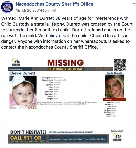 BetteH9's tweet photo. #GlobalGoodEmi #GlobalGoodEmiFIND #ChevieDurrett #Missing #Baby #Endangered #Child If you have information Call 911 or 800-THE-LOST or #Nacogdoches County Sheriff 936-560-7790 #Urgent #Help #Find #Chevie & #CarrieDurrett #DoTheRightThing Chevie NEEDS to be brought to #SAFETY https://t.co/VueBEzVMmF
