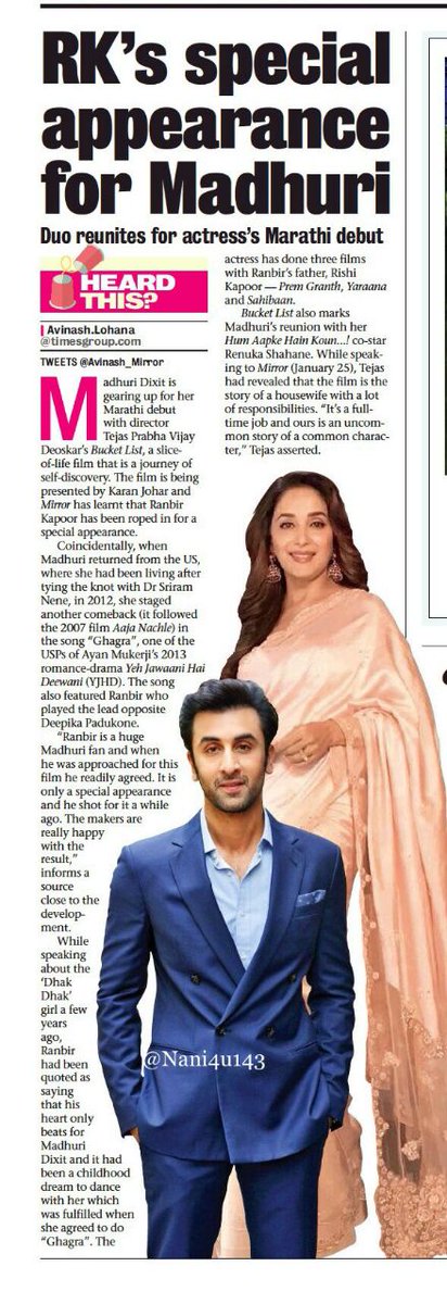 1st Surprise - @renukash 
2nd  - @karanjohar n @DharmaMovies 
3rd - #RanbeerKapoor 
So many big surprises in 1 muvi that too our #Empress @MadhuriDixit' 1st Marathi muvi
This movie is going to be biggest Blockbuster of the year For sure  @MediaBuzz_PR #BucketListOnMay25