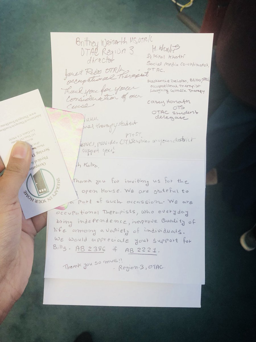 DrHiralKhatri's tweet photo. And I am glad that my idea of presenting this OTAC card to Assemblymember during open house event that mentioned our request to support bills #AB2221 &amp; #AB2386 was successful.😊Hon Mr. Kalra accepted it. @OTACnews #OTAdvocates #goToOT #aota @AOTAInc @SabrenaMcCarley @hjkitchingot https://t.co/8ipcvJsOUa