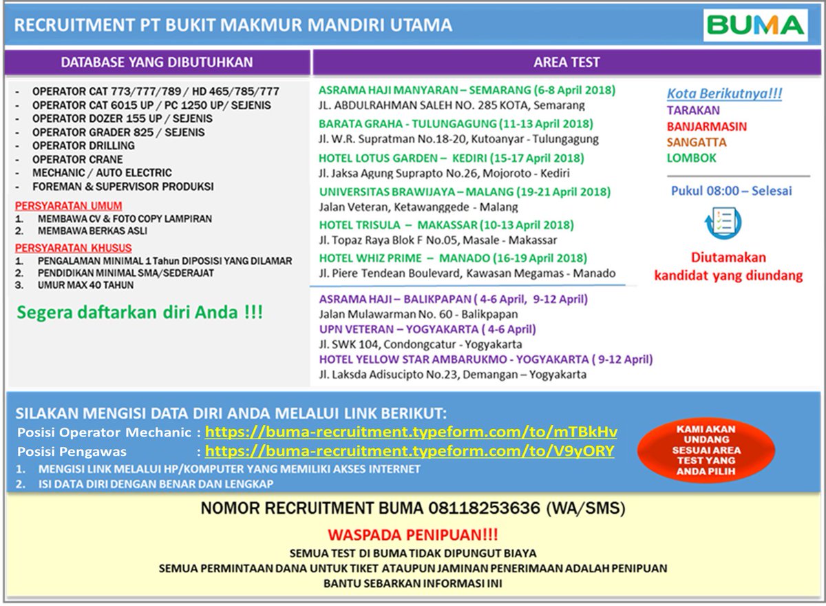 BUMAofficial's tweet photo. Informasi Recruitment BUMA

Untuk Posisi Sebagai Staff, silahkan mengisi data di Link ini 
https://t.co/kr6SQcePFH 

Untuk posisi sebagai Operator/ mekanik silahkan mengisi data di link ini 
https://t.co/kLPKZxIh7v 

WASPADA PENIPUAN! RECRUITMENT BUMA TIDAK DIPUNGUT BIAYA APAPUN! https://t.co/nPL6lDJIjb