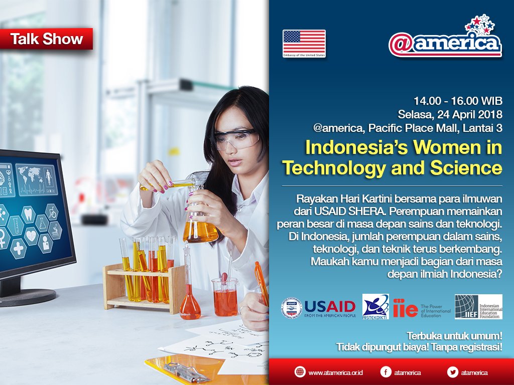 PenelitianSHERA's tweet photo. Tandai kalendermu! Datang &amp; berdiskusi langsung dengan perempuan-perempuan keren dari #USAIDSHERA di talkshow "Indonesia's Women in Technology &amp; Science" di @atamerica 24 April 2018 pukul 14.00-16.00 WIB @usaidindonesia @kemristekdikti https://t.co/QNt4Abpay2