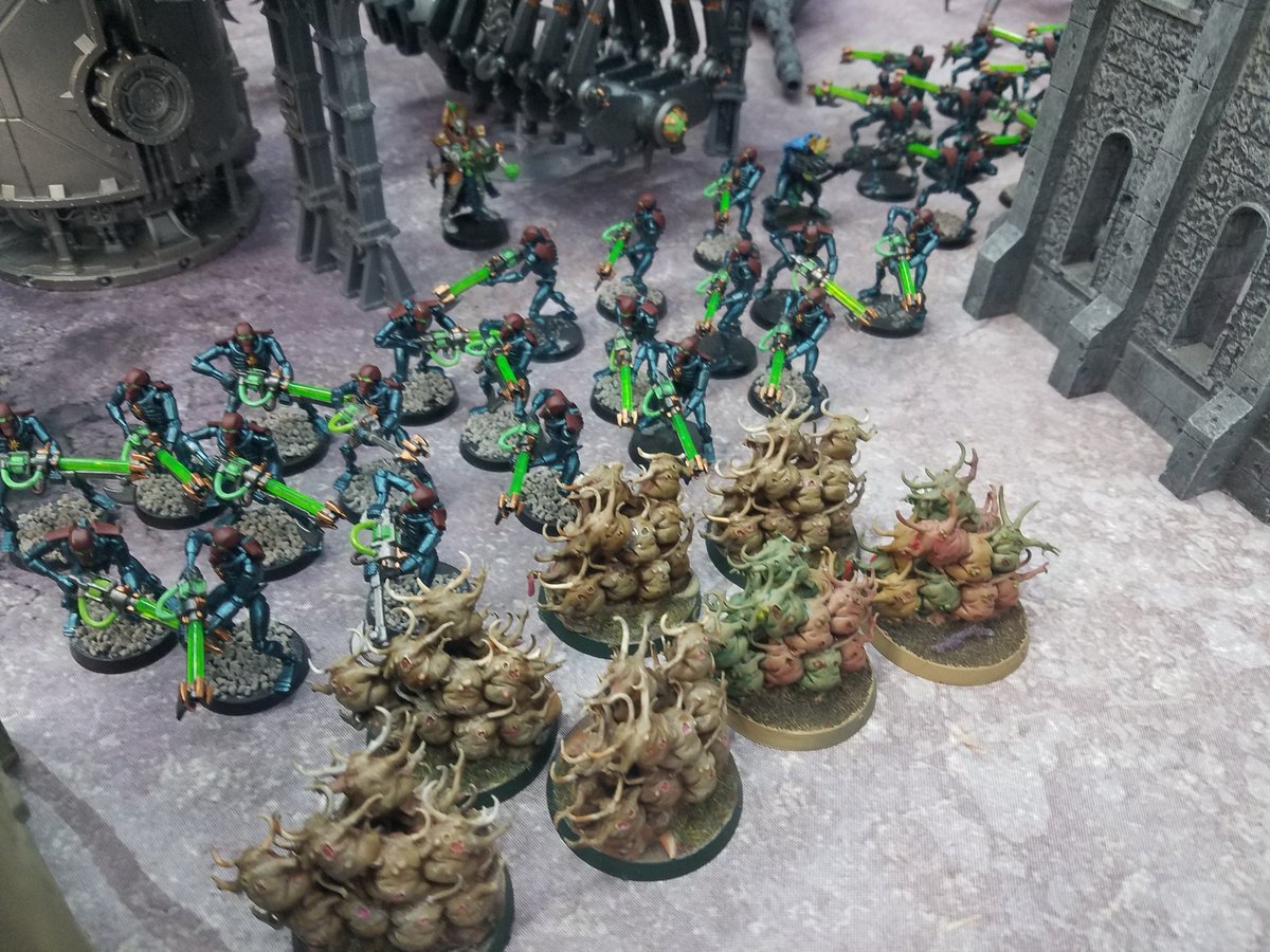 TheLonelyHavoc's tweet photo. Great game tonight VS #Necrons! Wow they are tough.  #NURGLE pulls off a narrow victory by nabbing THE RELIC on the last turn.  I didn't kill a single unit.  #Epidemius did nothing!! #WARMONGERS #NURGLINGSTRIKE https://t.co/d1QzySYhUJ