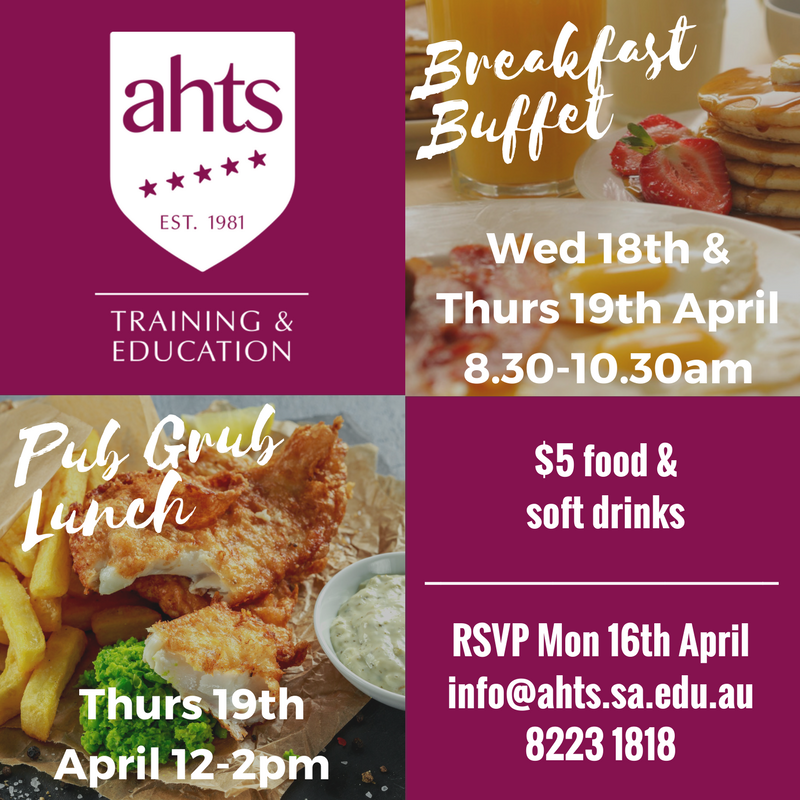 AHTS would like to invite you to our End of Term Functions held on the 18th and 19th of April! Only $5 for food and soft drinks.
RSVP by Monday 16th April 3pm, spaces are limited, get in quick
info@ahts.sa.edu.au | 08 8223 1818
#ahts #adelaide #allyoucaneat #pubgrub #buffet #yum