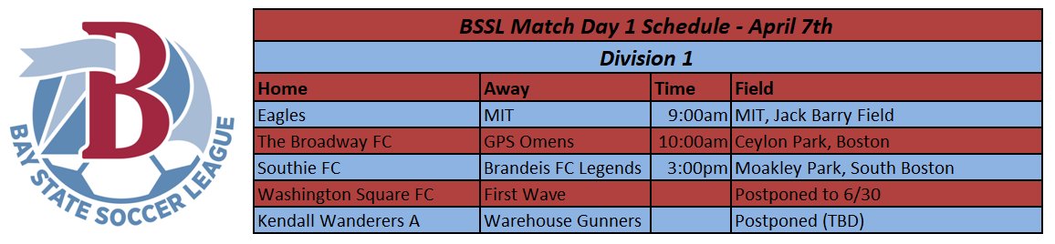 League play opens this Saturday, April 7th! 7 teams will be making their BSSL debut in D3. <a href="/GPS_Omens/">FC Omens</a> begin their quest for a D1 3-peat. <a href="/BfcLegends/">BfcLegends</a>, <a href="/BrocktonUnitFc/">BROCKTON FC</a>, @providencecity_, <a href="/CelticFC_Boston/">Somerville Celtic FC</a> &amp; @MVUnitedFC play their 1st higher division matches after promotion in 2017.