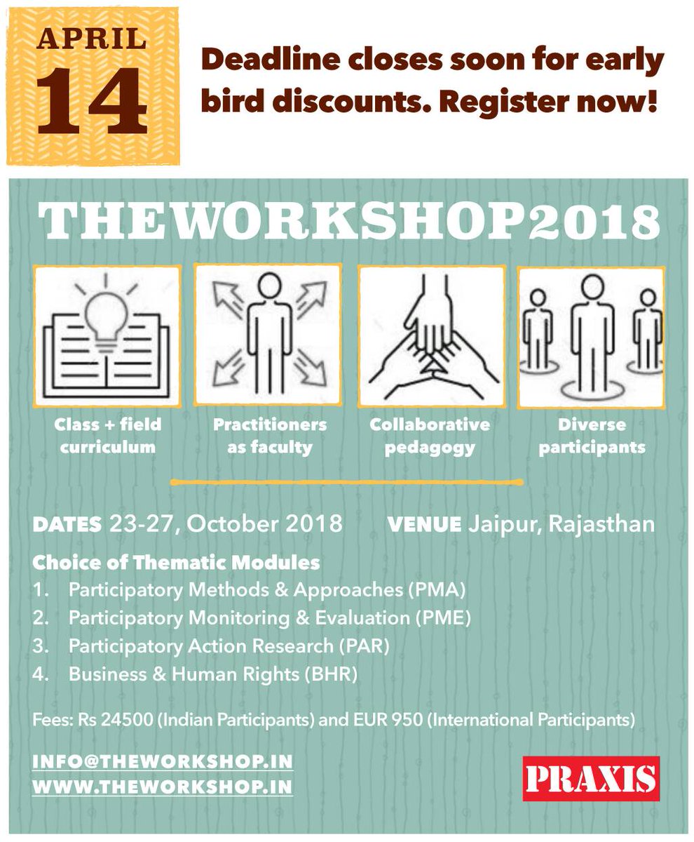 21st International wkshop on #ParticipatoryMethods by @praxis_india in Rajasthan in Oct'18 @joanna_wheeler @nava_tree @nevafreche @TheaShahrokh @EriLop @johoward_ch @shiela_rc @nicolekenton @havoviw @srijanNandan @FranLuke123 @mwangiwaituru @preettyprada @naiaracc @urvashi_mitra