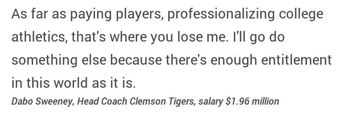 nmcdo001's tweet photo. Prior to reading the chapters, I didn't really realize how much of a business the NCAA is and it feels sort of weird how athletes aren't paid. I thought this quote from a coach on the subject was interesting considering their own salary is so high. #UCR50 @dcmireles https://t.co/e39NlTHCmi