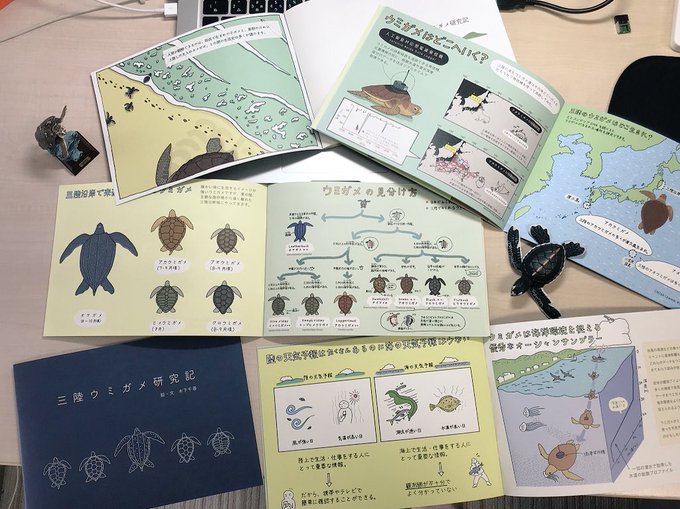 ウミガメの冊子が完成。自分の研究室の人達が発表した論文と今後のプロジェクトについて絵をたくさん入れてまとめました。販売はせずに配布します。いくらか予備があるので、欲しいという方はメール下さい(プロフィール欄参照)。 