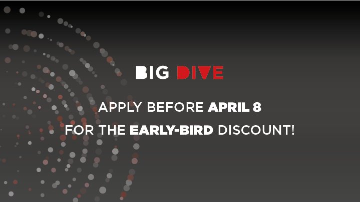 April 8th is the #deadline for #EARLYPRICE . If you want to apply for #BIGDIVE7 (#datascience #training)  OR #BDintoDATAVIZ (#dataviz #training) don’t miss this chance.  bigdive.eu/becomedatascie… WITH <a href="/ISI_Fondazione/">ISI Foundation</a> <a href="/todotoit/">TODO</a> <a href="/axant_it/">AXANT</a>